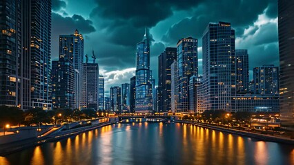 Canvas Print - A river runs through a busy city, surrounded by towering buildings and bustling urban life, Dramatic cityscape with skyscrapers-rimmed riverside