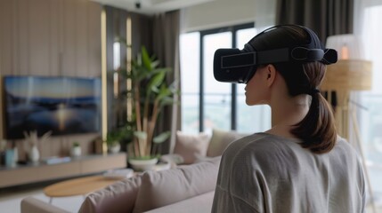 Poster - Woman Experiencing Virtual Reality in a Modern Living Room