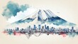 Mount Fuji and Tokyo cityscape double exposure contemporary style minimalist artwork collage illustration.