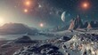 surreal landscape of an alien planet surface with strange rock formations and glowing celestial bodies in the sky science fiction concept art