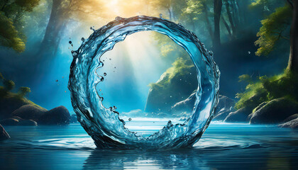 Wall Mural - Circle frame made of water. World ocean day. Green plants. Fantasy scenery, Abstract image.