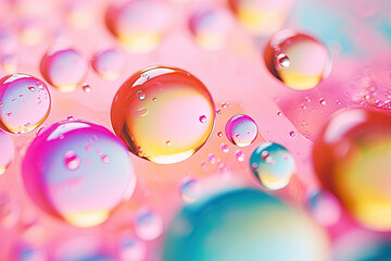 Aufkleber - Pink holographic bubbles floating on the soft colorful abstract background in beautiful vivid tones.