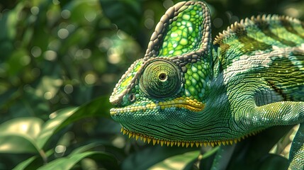 Poster - vibrant green chameleon closeup on green leaf background 3d rendering of natural camouflage and adaptation