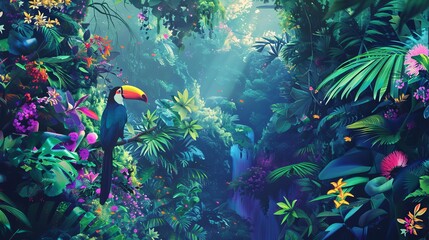 Poster - vibrant tropical jungle with lush green foliage colorful exotic flowers and birds digital painting in saturated colors