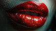 Dark Red Color Lipstick On Beautiful Women Red Lips Background Blur Close-Up View