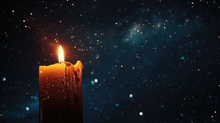Wall Mural - The only light in a dark room against a starry backdrop comes from a glowing candle