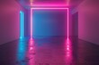 A room with a neon blue and pink light