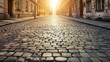 stone paved road on a deserted city street urban background with copy space for text or design