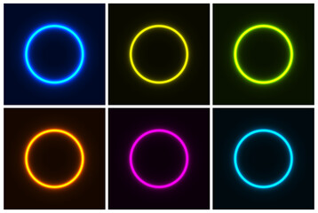 Wall Mural - set of neon light circles. set of glowing neon lighting isolated on black background. vector illustr