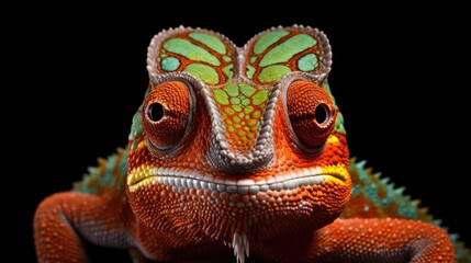 Wall Mural - Red and green chameleon face closeup front view