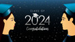 Class of 2024 Congratulations, graduate students with square academic cap. Congrats graduates 2024 class of with blue graduation hat. Vector illustration