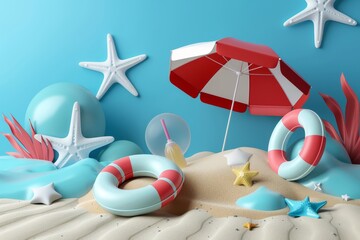 A beach scene with a red and white umbrella, two beach balls