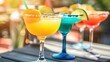 Colorful margarita cocktails served on sunny outdoor patio. Pool, summer, relaxation. Have great time in stylish place where people enjoy aromatic drinks, company of friends concept. Generative by AI