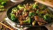 Grilled beef and broccoli sprinkled with sesame seeds, spicy garlic sauce. Homemade dish, serving, close-up, diet food, easy to prepare. Culinary excellence, sophistication concept. Generative by AI