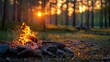 A small campfire in a coniferous taiga forest, perfect for frying sausages, captured during the golden hour