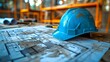 Blueprint Focus: Helmet & Plans with Scaffolding Backdrop. Concept Construction Industry, Safety Equipment, Engineering Design, Architectural Blueprint, Industrial Development