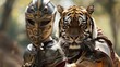 Tiger in a knight costume, cavalier, medieval theme, mane. Mascot, wild animal, surrealism, close-up, big cat, costume photo shoot for pet. Presenting pride and greatness concept. Generative by AI