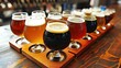 Glasses with craft beer and a variety of hoppy ales on the bar counter. Alcohol, glass, fashionable and modern drink. Enjoy aromatic drinks and company of friends concept. Generative by AI