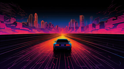 Poster - Car ride on the neon road in 80s retro synthwave style.