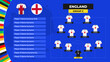 Lineup of the England national football team. T-shirt and flag. Football field with the formation of England players at the European tournament 2024. Vector illustration.