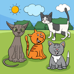 Wall Mural - cats animal characters in the meadow cartoon illustration