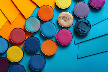 Poster - A colorful array of eyeshadow palettes on a blue background. The palettes are arranged in a way that creates a sense of movement and energy. The colors are bright and vibrant
