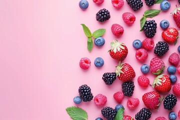 Poster - Fresh berries and raspberries scattered on a pink surface, perfect for food and nutrition concepts