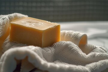 Poster - A bar of soap resting on a towel. Suitable for hygiene and spa concepts