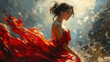 Oil Painting of Classical Ballet Performed By A Beautiful Women Ballerina Dancer In Red Balleta Dress