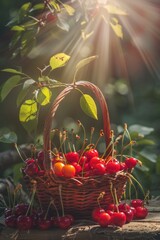 Poster - Fresh cherries in a rustic basket, perfect for food and fruit themes