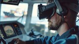 Fototapeta  - Man Using Virtual Reality Headset in Ships Cockpit