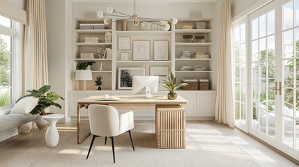 well-lit, minimalist home office with a neutral color palette and modern decor