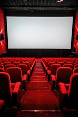 Poster - An empty theater with red seats and a projector screen. Suitable for various entertainment and presentation concepts