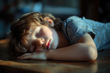 Aufkleber - A peaceful image of a small child sleeping on a table, suitable for various projects