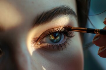 Poster - A close up of a woman's eye being painted with a brush, suitable for beauty or makeup concepts
