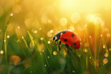 Aufkleber - A ladybug perched on a vibrant green field. Perfect for nature-themed designs