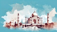 Taj Mahal And Agra Cityscape Double Exposure Contemporary Style Minimalist Artwork Collage Illustration.