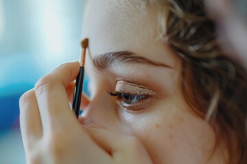 Poster - Close-up of a woman holding a brush near her eye, suitable for beauty or makeup concepts