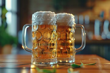 Aufkleber - A pair of beer mugs placed on a rustic wooden table. Suitable for beverage or bar-related designs