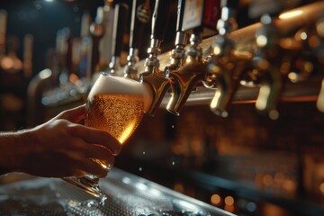 Poster - A person holding a glass of beer at a bar. Suitable for commercial use