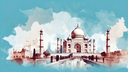 Taj Mahal and Agra cityscape double exposure contemporary style minimalist artwork collage illustration.