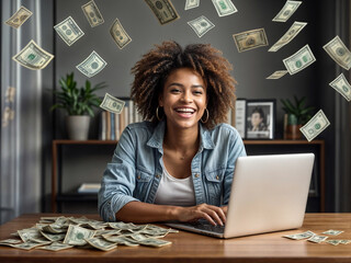 Cash flow, dollar bills floating over woman. Online earning money. Woman make money online from home. Business making easy money online concept. Hundreds of dollar banknotes. Cash