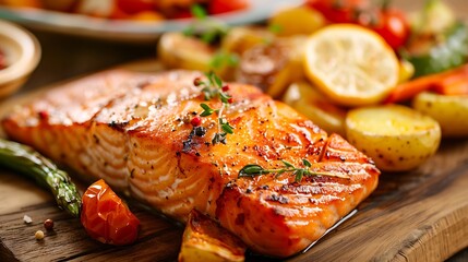 Barbecued salmon fried potatoes and vegetables on wooden background