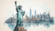 Statue of Liberty and New York cityscape double exposure contemporary style minimalist artwork collage illustration.