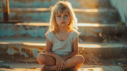 Poster - A young girl sitting on the ground near a staircase. Suitable for various educational and lifestyle concepts