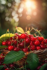 Poster - Fresh cherries in a basket on a table. Ideal for food and kitchen related designs