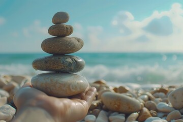 Poster - A person holding a stack of rocks on a sandy beach. Suitable for nature and outdoor concepts