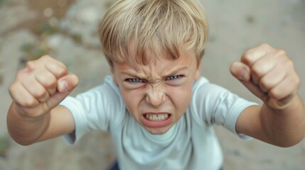 Poster - A young boy showing excitement with his fists in the air. Suitable for various concepts