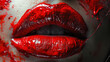 Red Liquid Color Paint Brush Strokes On Beautiful Women Red Lips Background Blur