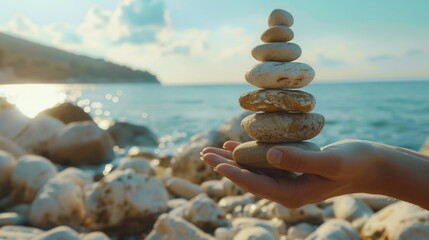 Poster - A person holding a stack of rocks near a body of water. Suitable for outdoor and nature themes
